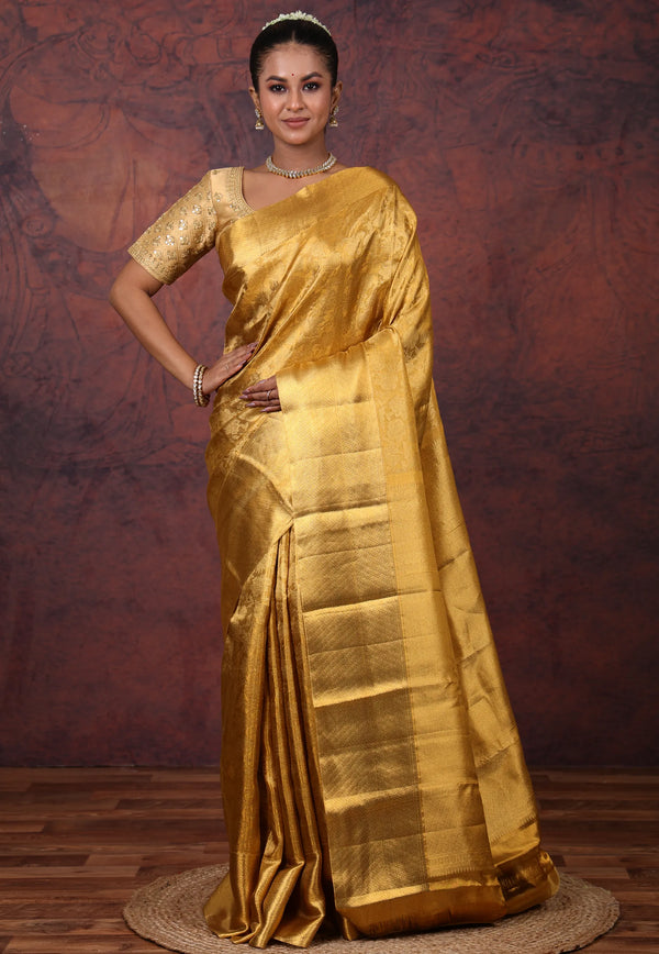 Golden Brocade Pure Tissue Kanjivaram Silk Saree With Blouse Piece - Adi Akshoy & Co.