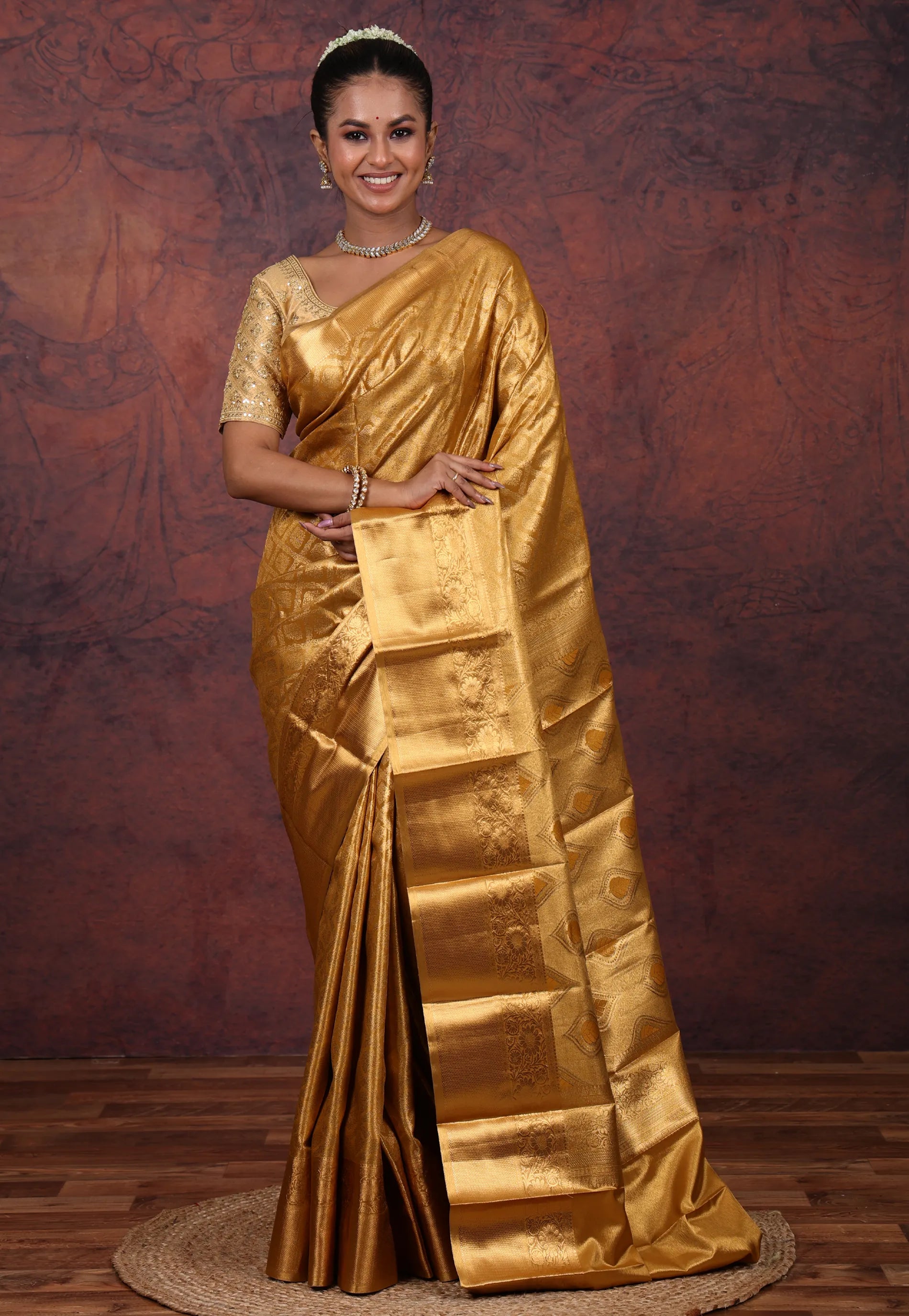 Golden Brocade Tissue Kanjivaram Silk Saree With Blouse Piece - Adi Akshoy & Co.