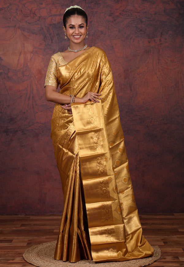 Golden Brocade Tissue Kanjivaram Silk Saree With Blouse Piece - Adi Akshoy & Co.