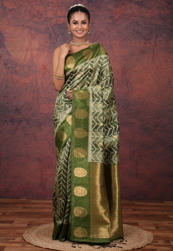 Green Tussar Kotki Print Silk Saree with Blouse Piece - Adi Akshoy & Co.