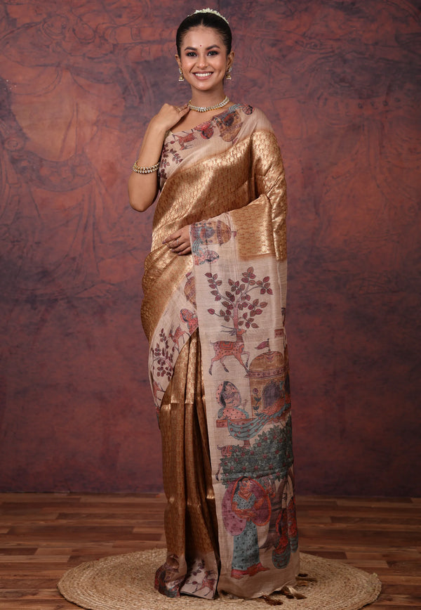 Golden Tussar Colour Tussar Kalamkari Silk Saree with Blouse Piece - Adi Akshoy & Co.