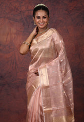 Cross Peach Pure Tissue Katan Silk Saree with Blouse Piece - Adi Akshoy & Co.