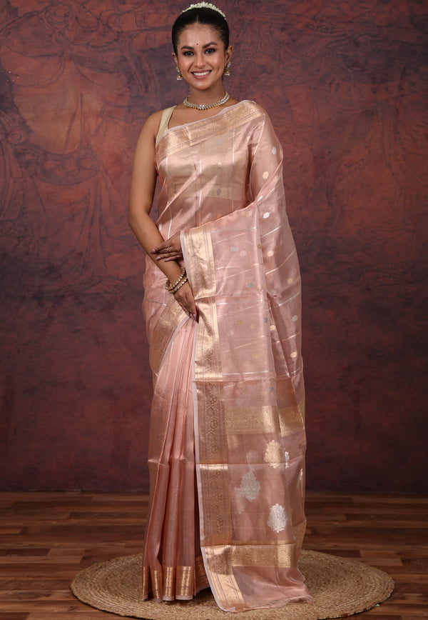 Cross Peach Pure Tissue Katan Silk Saree with Blouse Piece - Adi Akshoy & Co.