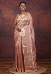 Cross Peach Pure Tissue Katan Silk Saree with Blouse Piece - Adi Akshoy & Co.