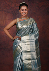 Steel Blue Brocade Tissue Kanjivaram Silk Saree With Blouse Piece - Adi Akshoy & Co.