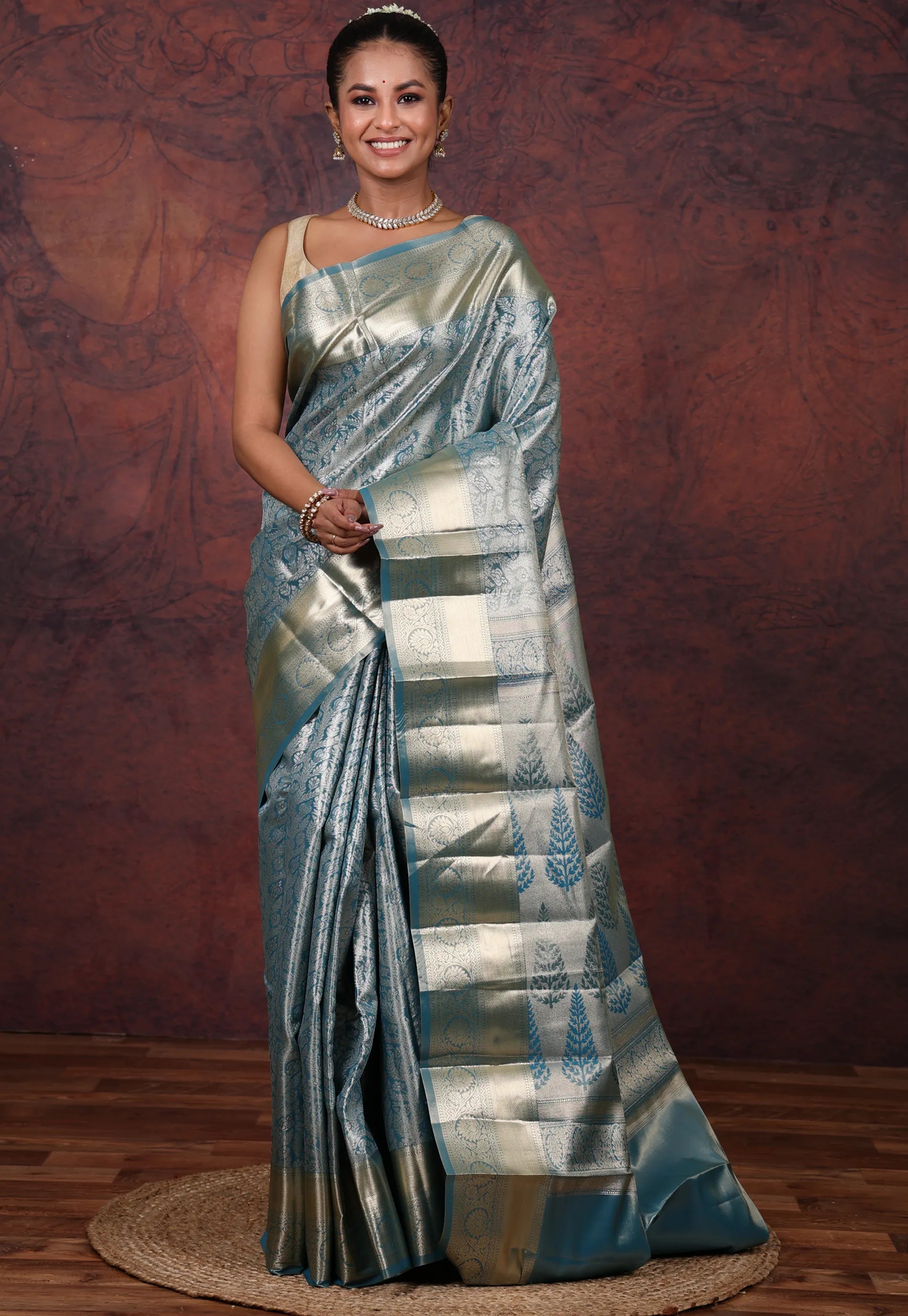 Steel Blue Brocade Tissue Kanjivaram Silk Saree With Blouse Piece - Adi Akshoy & Co.