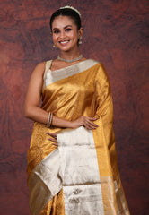 Golden Brocade Pure Tissue Kanjivaram Silk Saree With Blouse Piece - Adi Akshoy & Co.