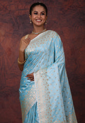 Sky Blue Pastel Banarasi Saree With Blouse Piece - Adi Akshoy & Co.