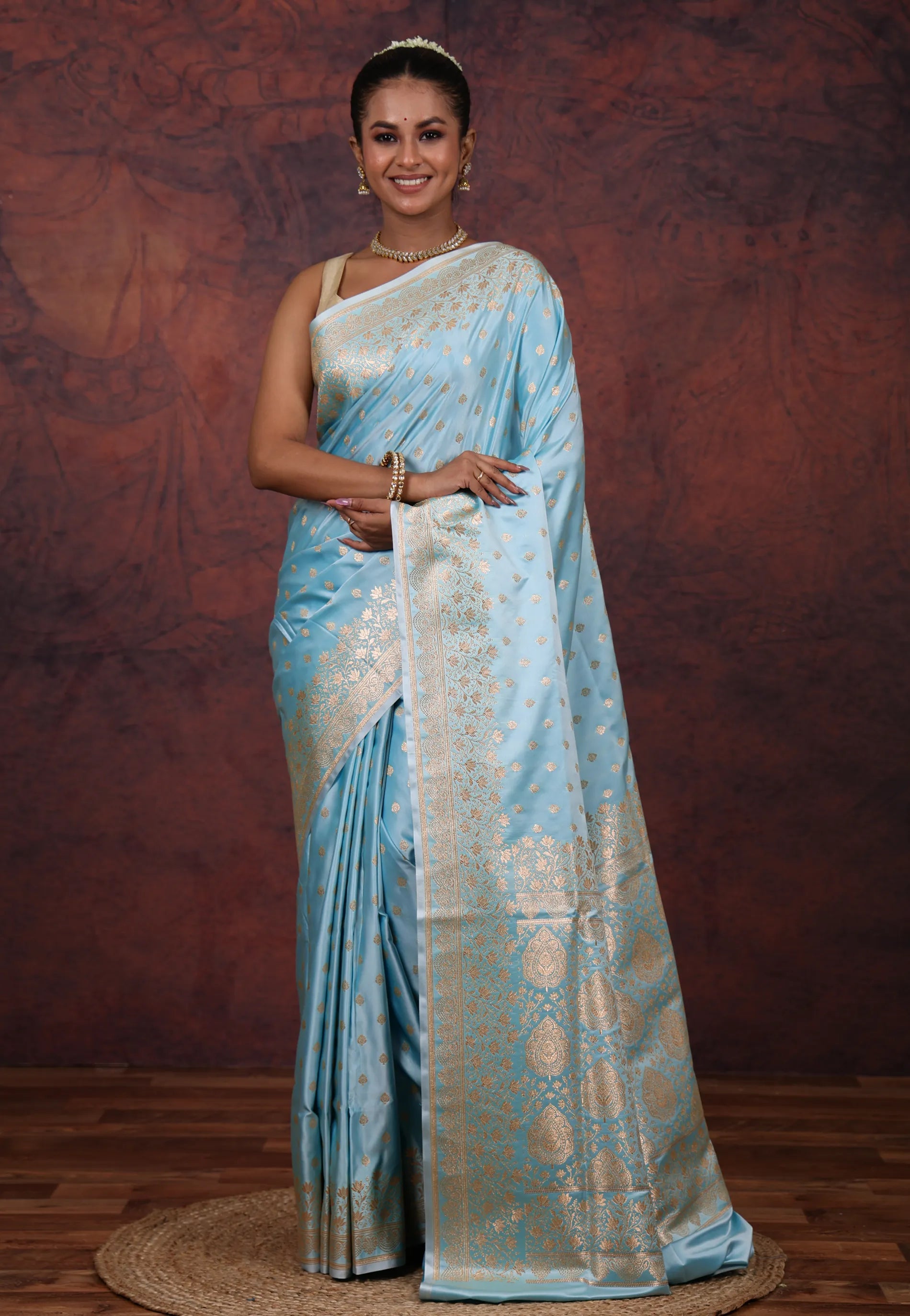 Sky Blue Pastel Banarasi Saree With Blouse Piece - Adi Akshoy & Co.