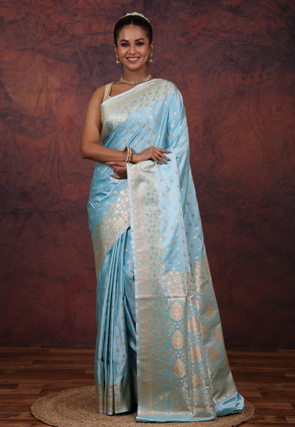 Sky Blue Pastel Banarasi Saree With Blouse Piece - Adi Akshoy & Co.