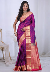 Cross Magenta with Zari work Pure Kanjivaram Silk Saree with Blouse Piece – Adi Akshoy & Co.