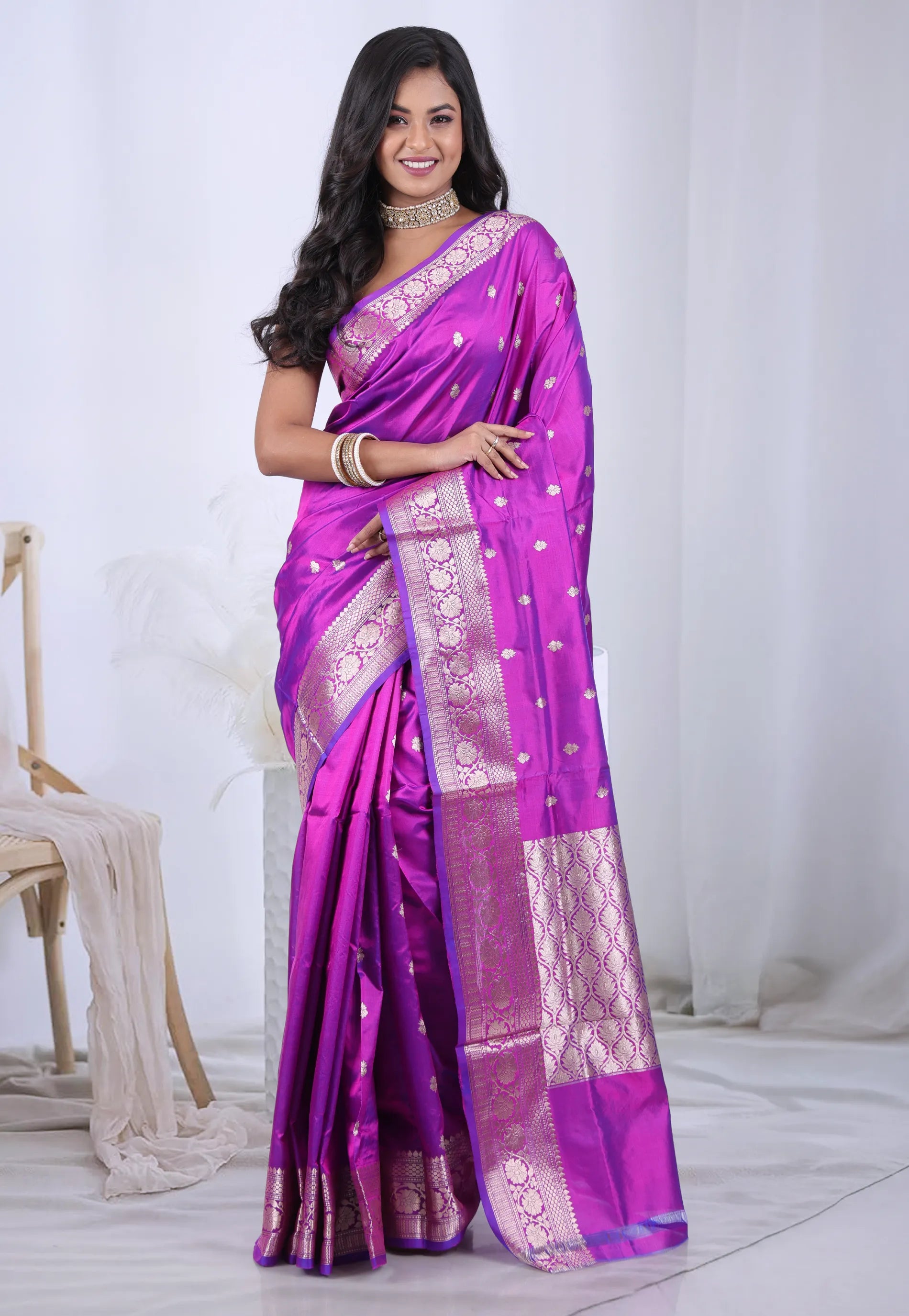 Cross Magenta Pure Katan Silk Saree with Blouse Piece - Adi Akshoy & Co.