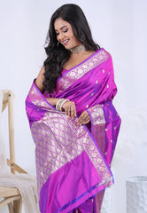 Cross Magenta Pure Katan Silk Saree with Blouse Piece - Adi Akshoy & Co.