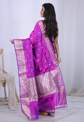 Cross Magenta Pure Katan Silk Saree with Blouse Piece - Adi Akshoy & Co.