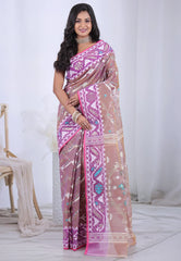 Brown Dhakai Jamdani Cotton Saree without Blouse Piece - Adi Akshoy & Co.
