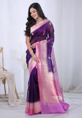 Deep Purple Pure Kora Silk Saree with Blouse Piece - Adi Akshoy & Co.