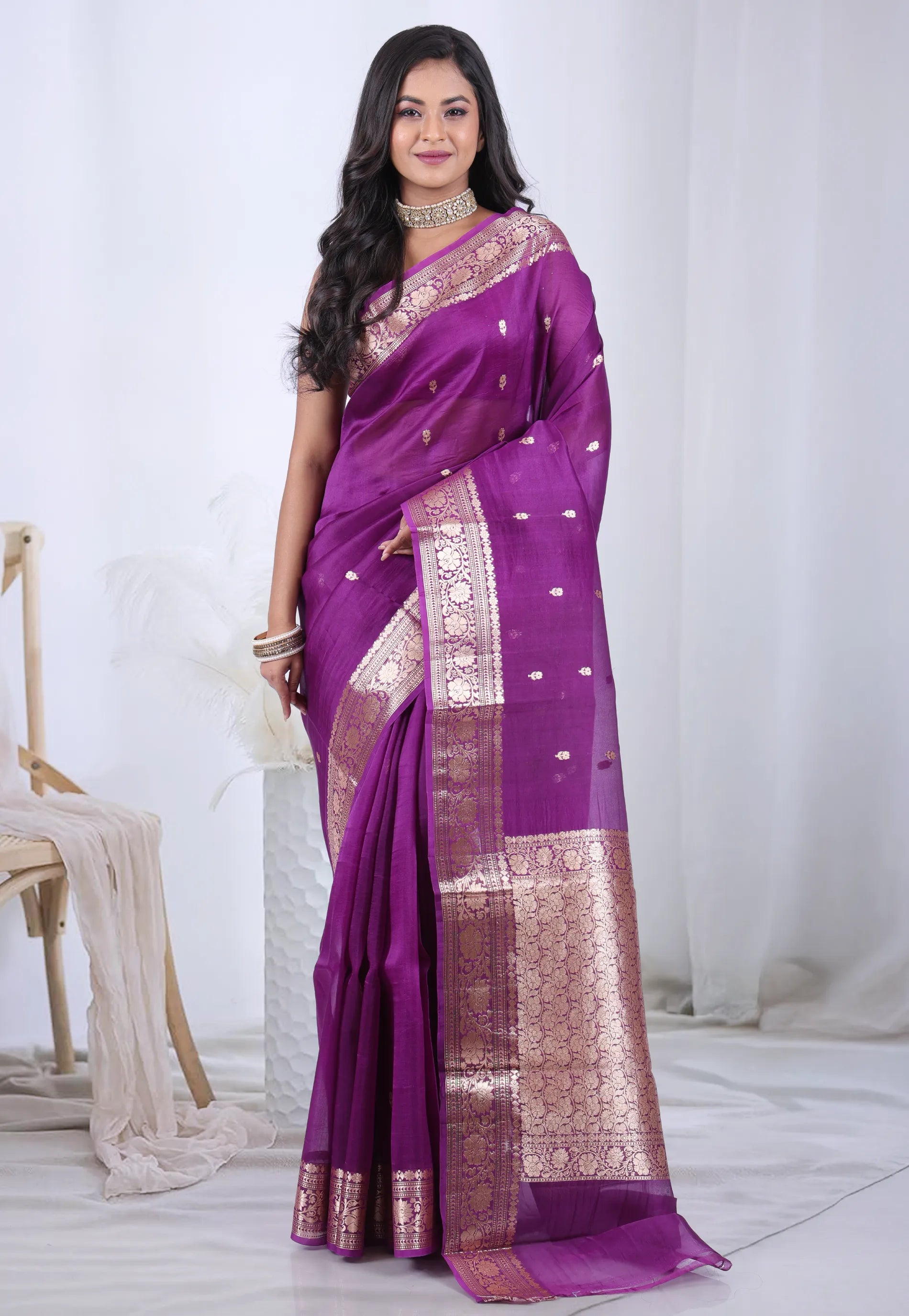 Purple Pure Kora Silk Saree with Blouse Piece - Adi Akshoy & Co.