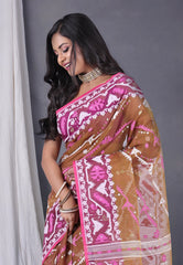 Brown Dhakai Jamdani Cotton Saree without Blouse Piece - Adi Akshoy & Co.