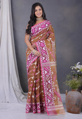 Brown Dhakai Jamdani Cotton Saree without Blouse Piece - Adi Akshoy & Co.