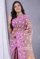 Brown Dhakai Jamdani Cotton Saree without Blouse Piece - Adi Akshoy & Co.