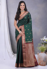 Bottle Green with Zari work Pure Kanjivaram Silk Saree with Blouse Piece - Adi Akshoy & Co.