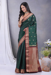 Bottle Green with Zari work Pure Kanjivaram Silk Saree with Blouse Piece - Adi Akshoy & Co.