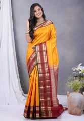 Mustard Yellow Pure Kanjivaram Silk Saree with Blouse Piece - Adi Akshoy & Co.
