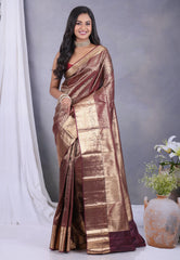 Maroon with Zari work Kanjivaram Silk Saree with Blouse Piece - Adi Akshoy & Co.