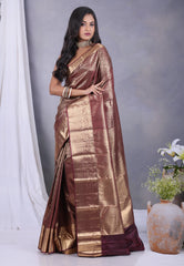 Maroon with Zari work Kanjivaram Silk Saree with Blouse Piece - Adi Akshoy & Co.