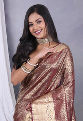 Maroon with Zari work Kanjivaram Silk Saree with Blouse Piece - Adi Akshoy & Co.