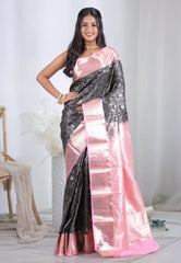 Black with Pink Border Kanjivaram Silk Saree with Blouse Piece  – Adi Akshoy & Co.