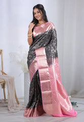 Black with Pink Border Kanjivaram Silk Saree with Blouse Piece  – Adi Akshoy & Co.