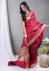 Cross Maroon Pure Katan Silk Saree with Blouse Piece - Adi Akshoy & Co.
