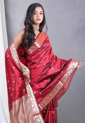 Cross Maroon Pure Katan Silk Saree with Blouse Piece - Adi Akshoy & Co.