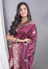 Cross Wine Colour Pure Katan Silk Saree with Blouse Piece- Adi Akshoy & Co.