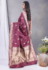 Cross Wine Colour Pure Katan Silk Saree with Blouse Piece- Adi Akshoy & Co.