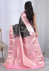 Black with Pink Border Kanjivaram Silk Saree with Blouse Piece  – Adi Akshoy & Co.