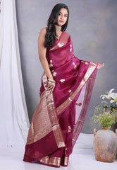 Wine Colour Pure Kora Silk Saree with Blouse Piece - Adi Akshoy & Co.