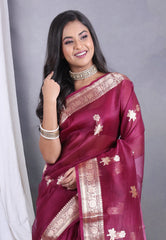 Wine Colour Pure Kora Silk Saree with Blouse Piece - Adi Akshoy & Co.
