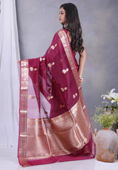 Wine Colour Pure Kora Silk Saree with Blouse Piece - Adi Akshoy & Co.