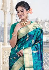 Cross Peacock Blue Pure Kanjivaram Silk Saree with Blouse Piece - Adi Akshoy & Co.