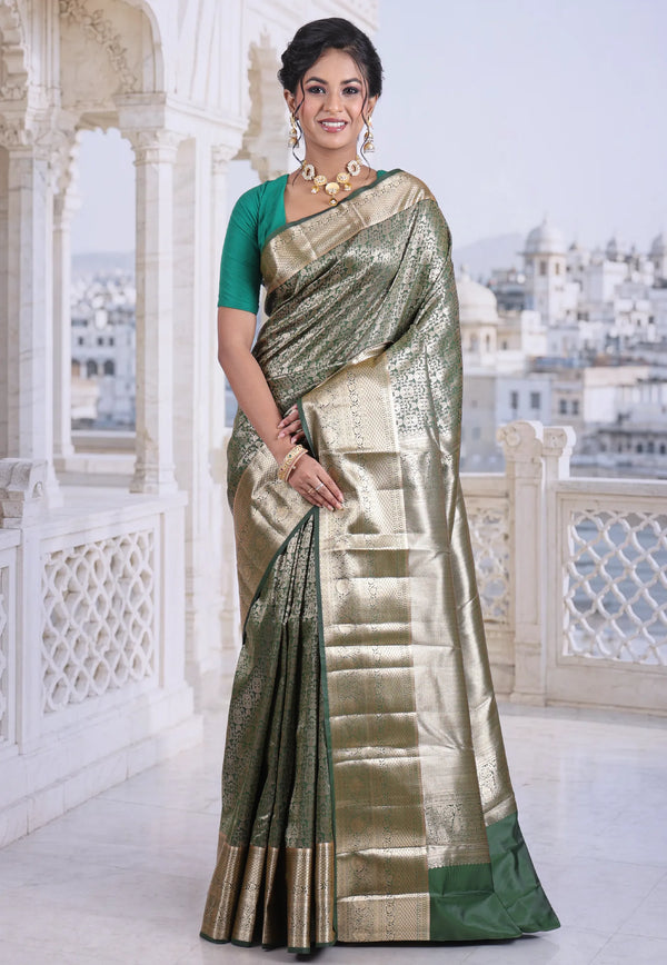Rama Green with Zari work Kanjivaram Silk Saree with Blouse Piece - Adi Akshoy & Co.