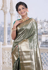Rama Green with Zari work Kanjivaram Silk Saree with Blouse Piece - Adi Akshoy & Co.