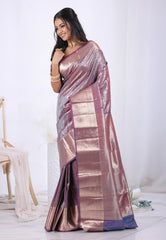 Purple Cross Colour with Zari work Kanjivaram Silk Saree with Blouse Piece  – Adi Akshoy & Co.