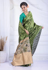 Olive Green Tussar Silk Saree with Blouse Piece - Adi Akshoy & Co.