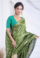 Olive Green Tussar Silk Saree with Blouse Piece - Adi Akshoy & Co.