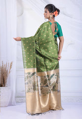 Olive Green Tussar Silk Saree with Blouse Piece - Adi Akshoy & Co.