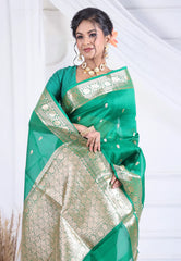 Sea Green Pure Kora Silk Saree with Blouse Piece - Adi Akshoy & Co.