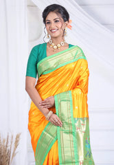 Yellow Pure Paithani Silk Saree With Blouse Piece - Adi Akshoy & Co.