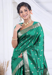 Bottle Green Pure Katan Silk Saree with Blouse Piece - Adi Akshoy & Co.